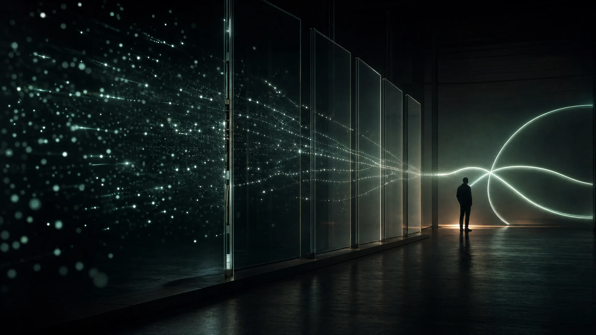A person standing before glass panels as many points of light converge into one path